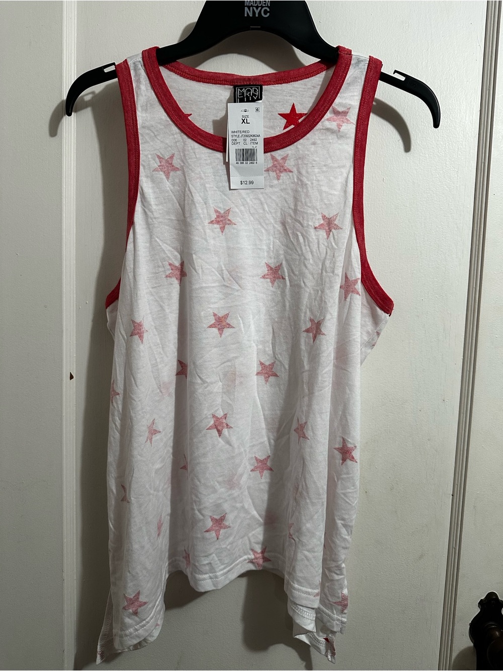 Modern Lux White Tank Top with Red Star Print
